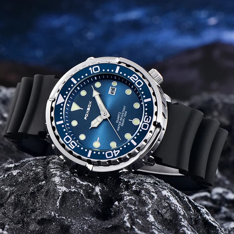 Montre plongeur homme étanche 50ATM FOXBOX LIGE, montre sport quartz avec bracelet silicone et affichage numérique