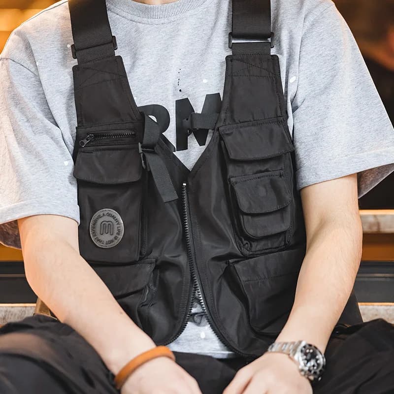 Veste tactique multi-poches pour hommes avec sac - Gilet photo rétro japonais à larges bretelles fonctionnel