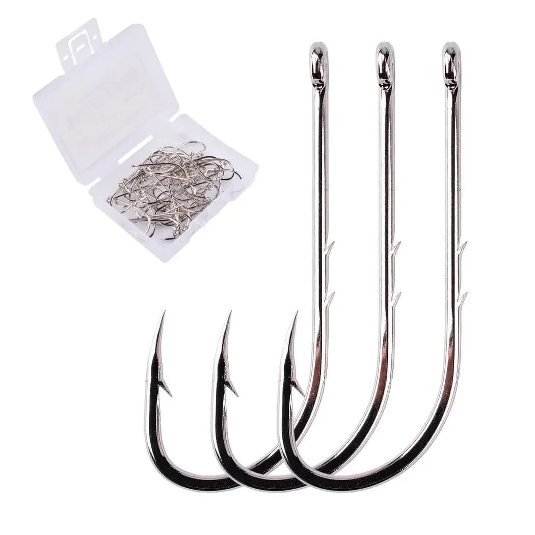 Hameçons longues tiges 50 pièces boîte acier carbone affûtés pour pêche carpe appâts naturels