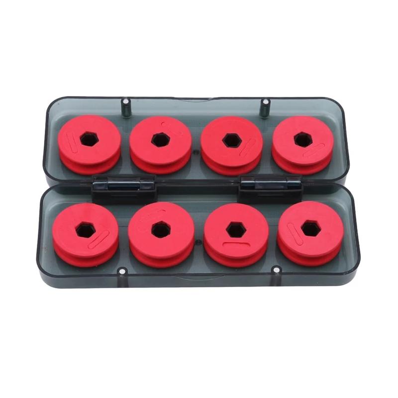 Boîte de rangement pour pêche avec bobines et dévidoirs pour lignes principales rouges et accessoires