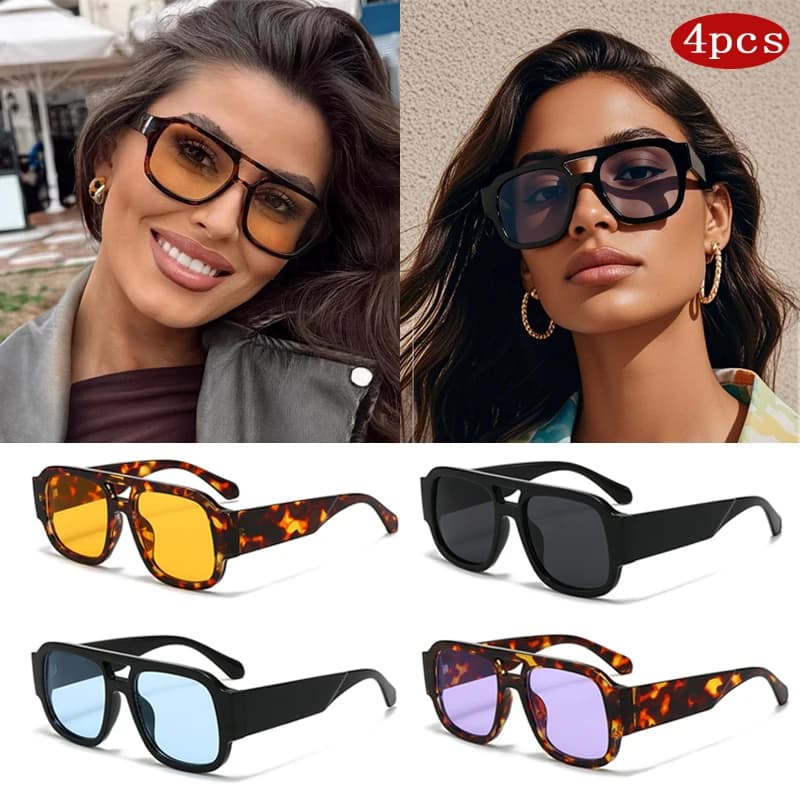 Lunettes de soleil carrées vintage pêche femme double pont large monture couleur bonbon jambes larges