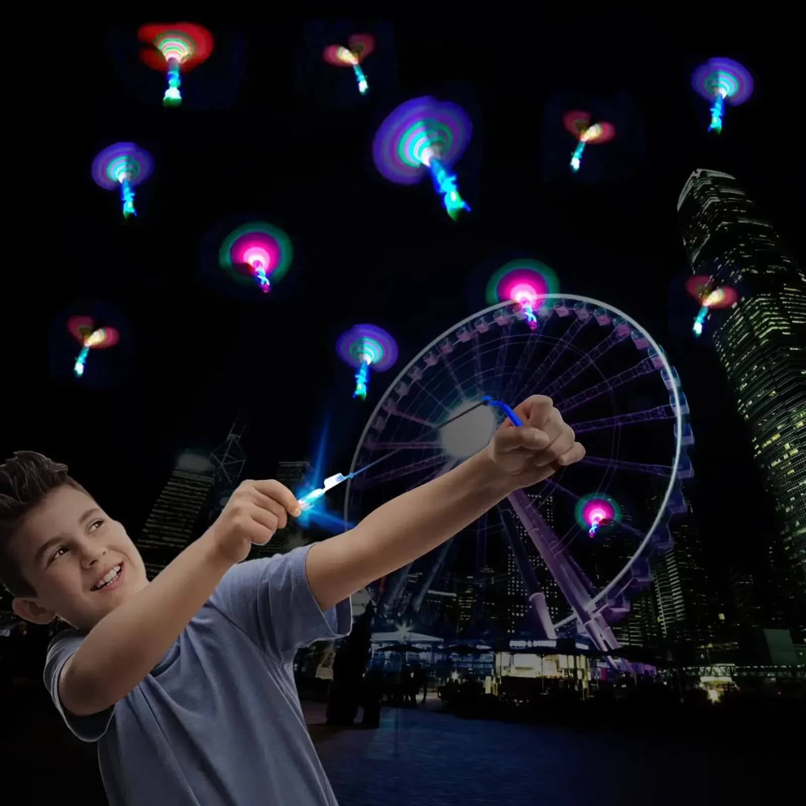 Fusée lumineuse LED jouet extérieur élastique hélicoptère volant cadeau fête enfants projectile slingshot