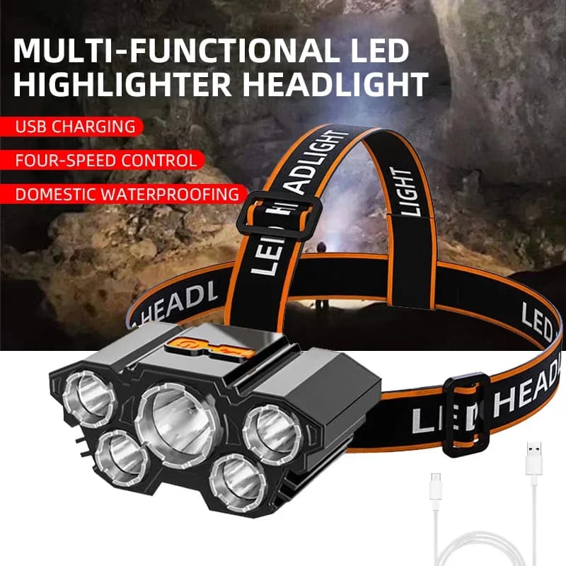 Lampe frontale rechargeable 5 LED pêche camping - Batterie intégrée lumière puissante étanche