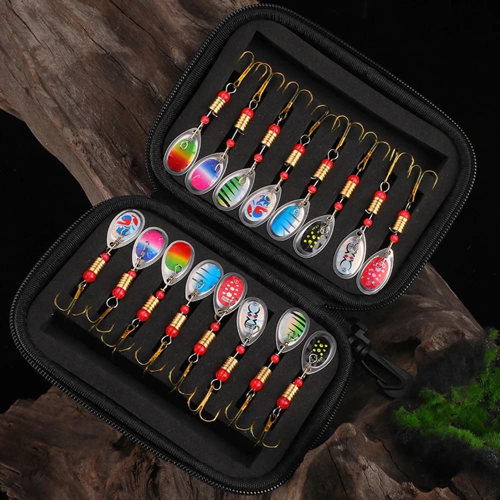 Leurre spinner métal 16 pièces pour brochet truite et perche, avec sac de pêche inclus