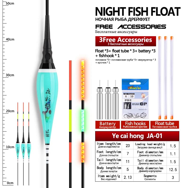 3 flotteurs de pêche électriques lumineux nuit nano + hameçons et tubes pour pêche en eau douce carpe