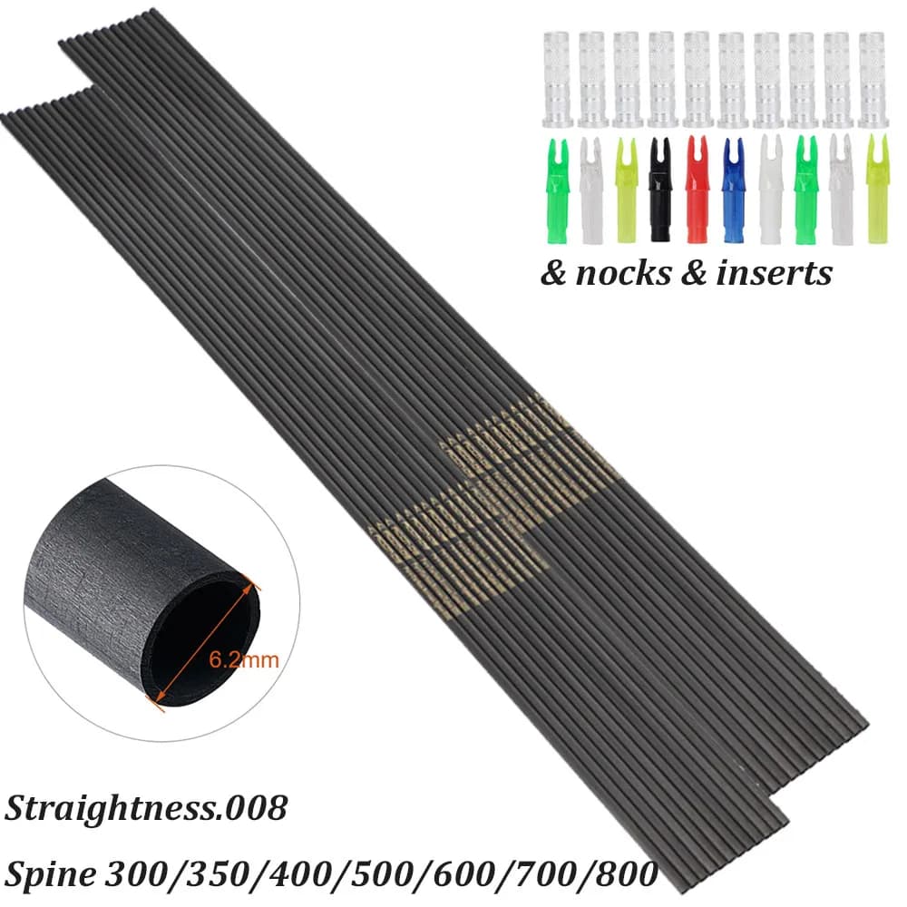 Fûts flèches carbone pur 30" inserts encoches ID6.2 spine 300-800 pour chasse pêche tir à l'arc cible