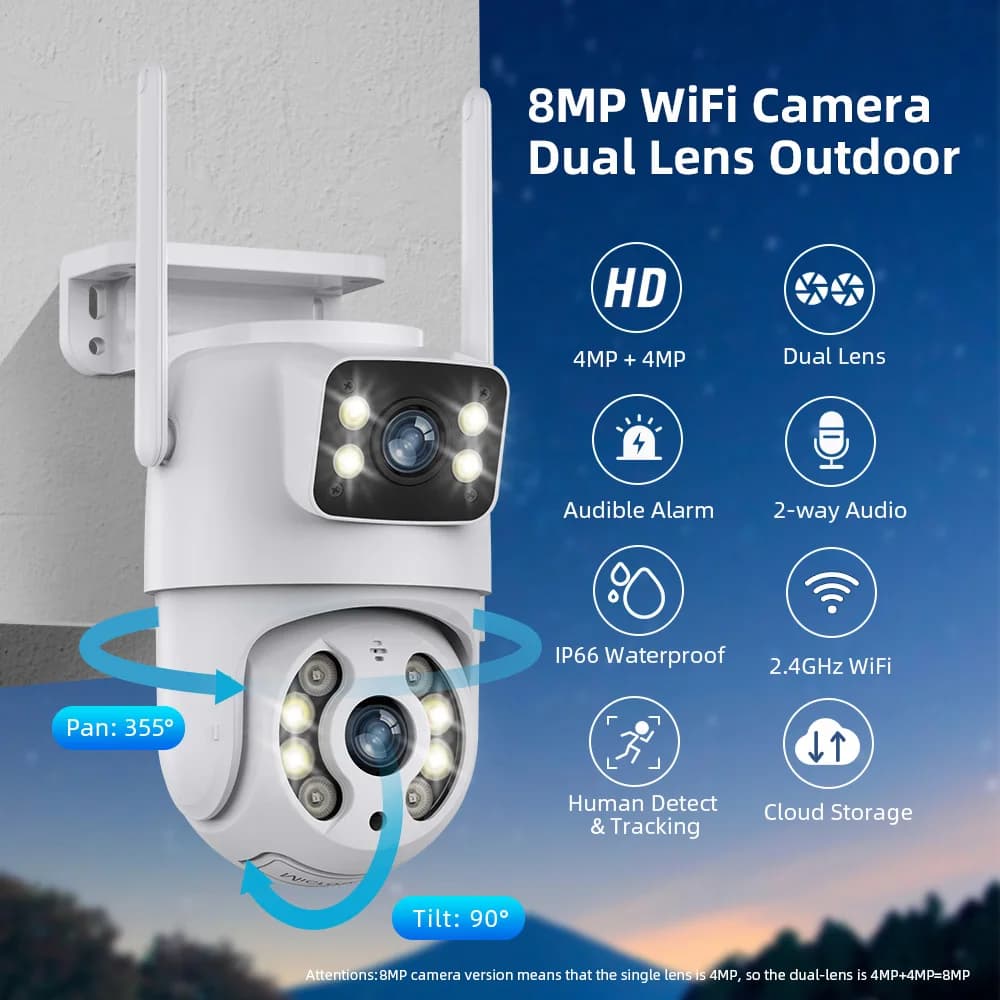 Caméra surveillance Hiseeu 4K 8MP WiFi extérieure double objectif zoom numérique détection IA ONVIF