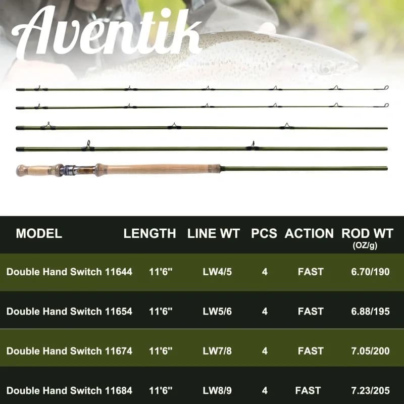 Canne switch double main Aventik 11'6'' 4 sec fast action pour pêche à la mouche en rivière et mer