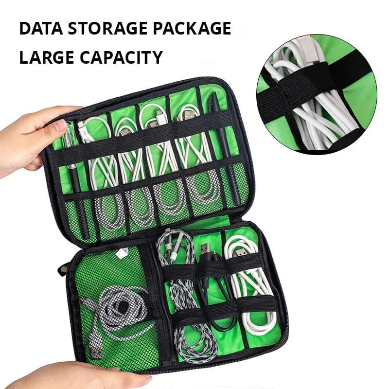 Organisateur étanche pour câbles USB et chargeurs - Sac de rangement électronique portable noir vert