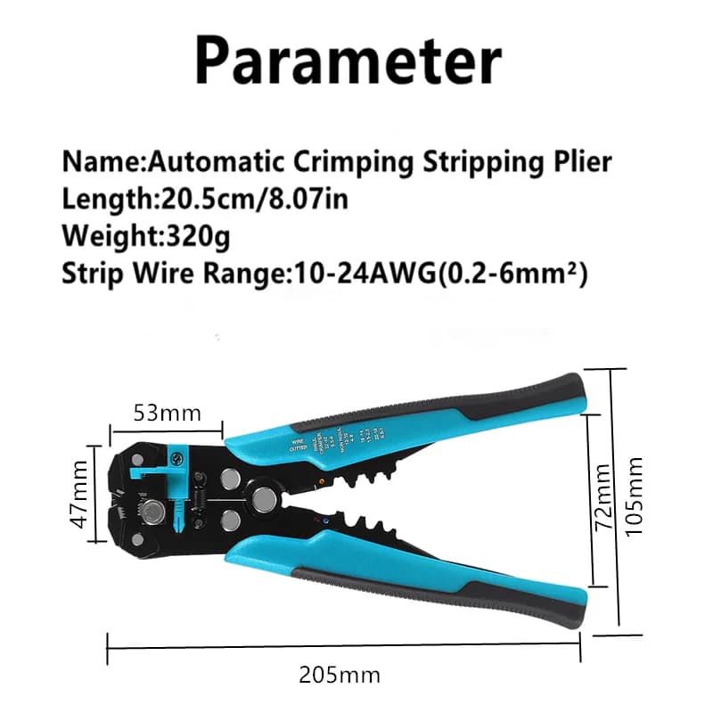 Pince à dénuder automatique 8 pouces auto-réglable 24-10 AWG avec fonction coupe et sertissage