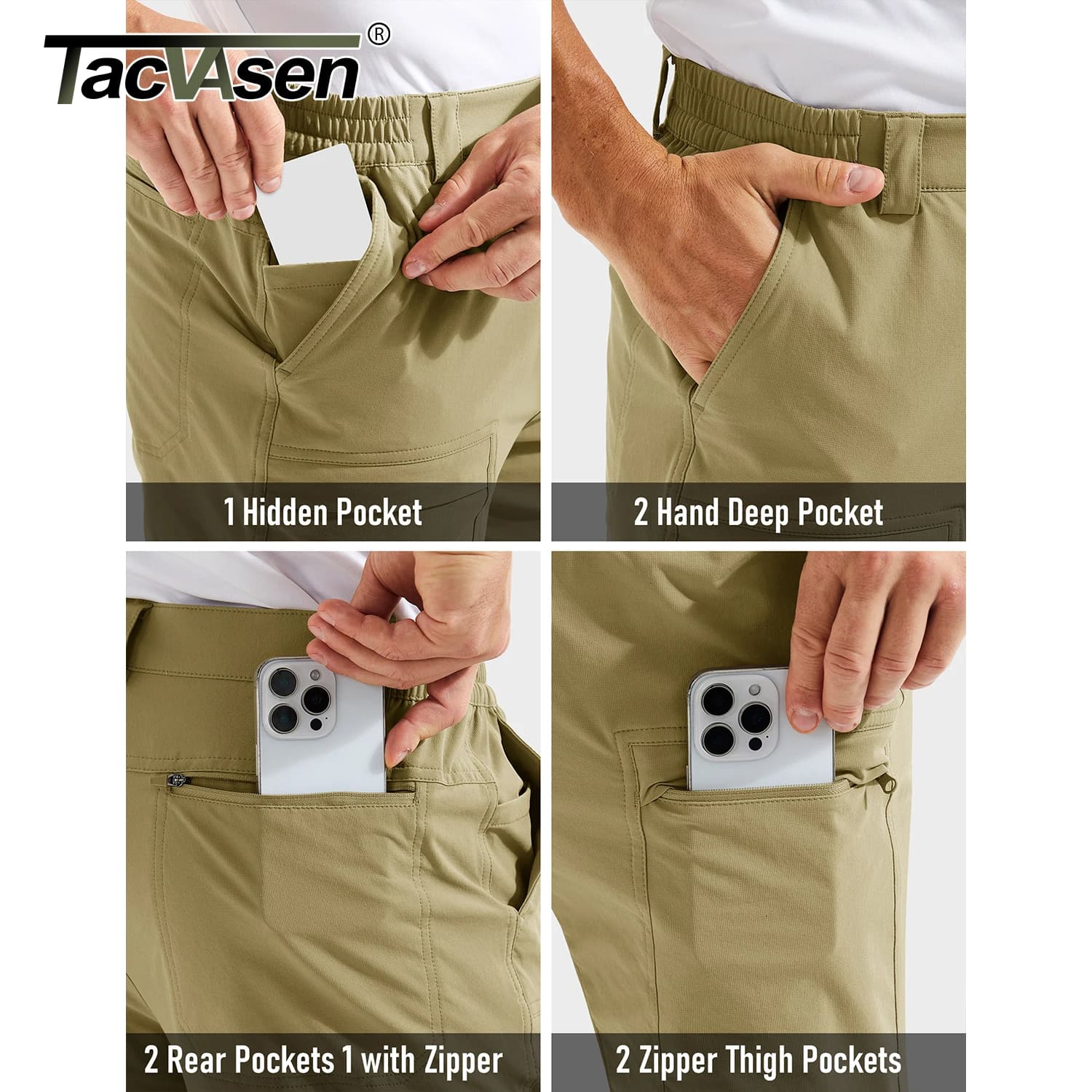 Pantalon randonnée homme TACVASEN léger séchage rapide 7 poches résistant à l'eau ripstop pêche cargo