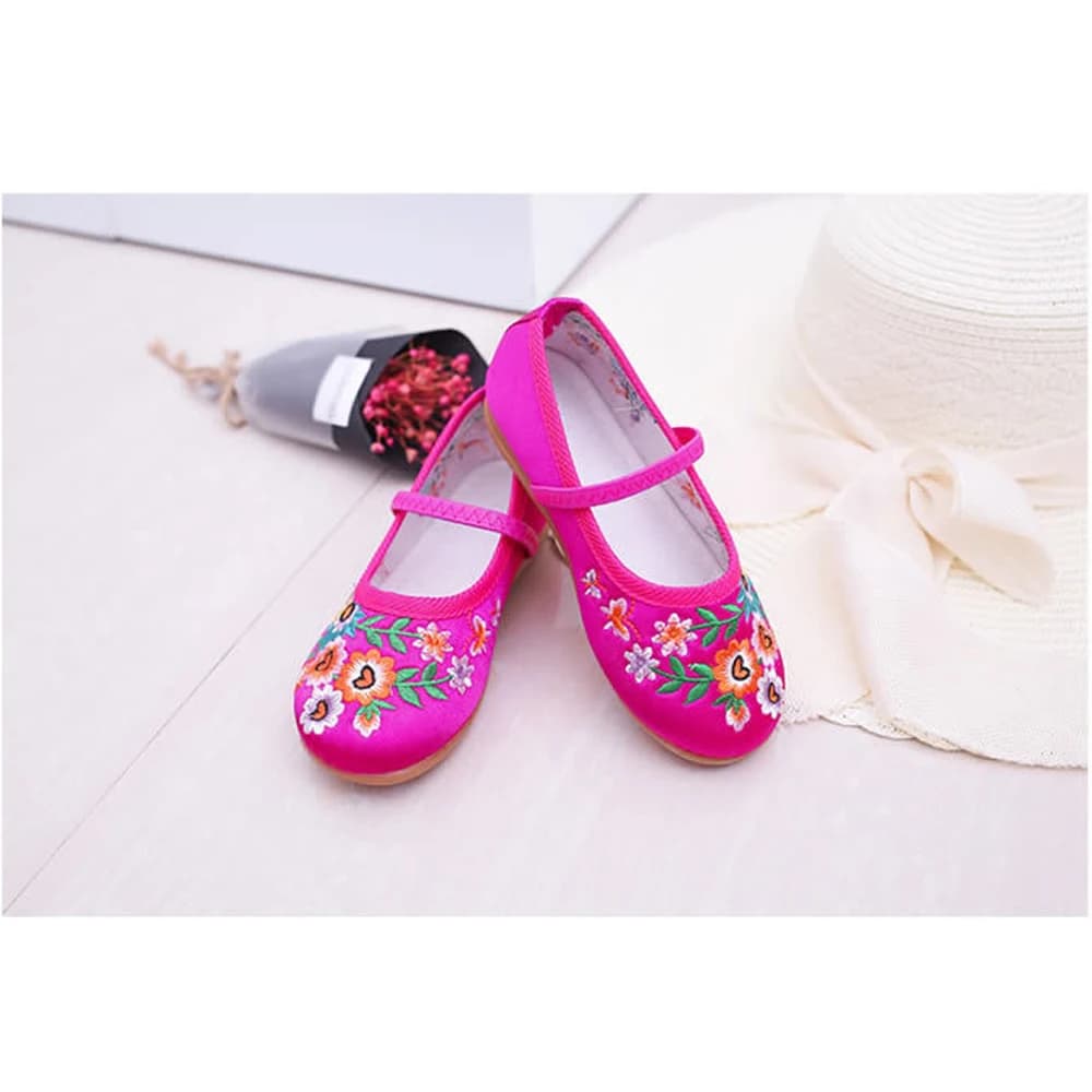 Chaussons de danse traditionnelle chinoise pour filles - Broderie ethnique et semelle cuir souple