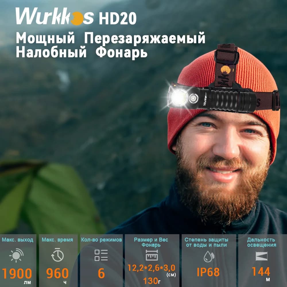Wurkkos HD20 lampe frontale 2000LM magnétique IP68 avec power bank pour camping et pêche