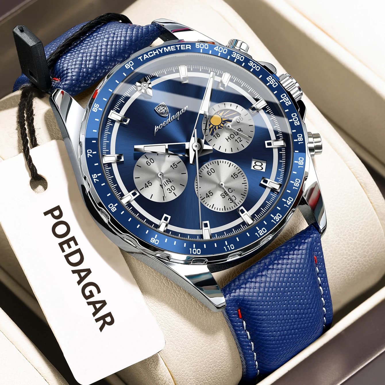 Montre homme étanche lumineuse chronographe cuir sport - Poedagar Original Fashion pour pêche