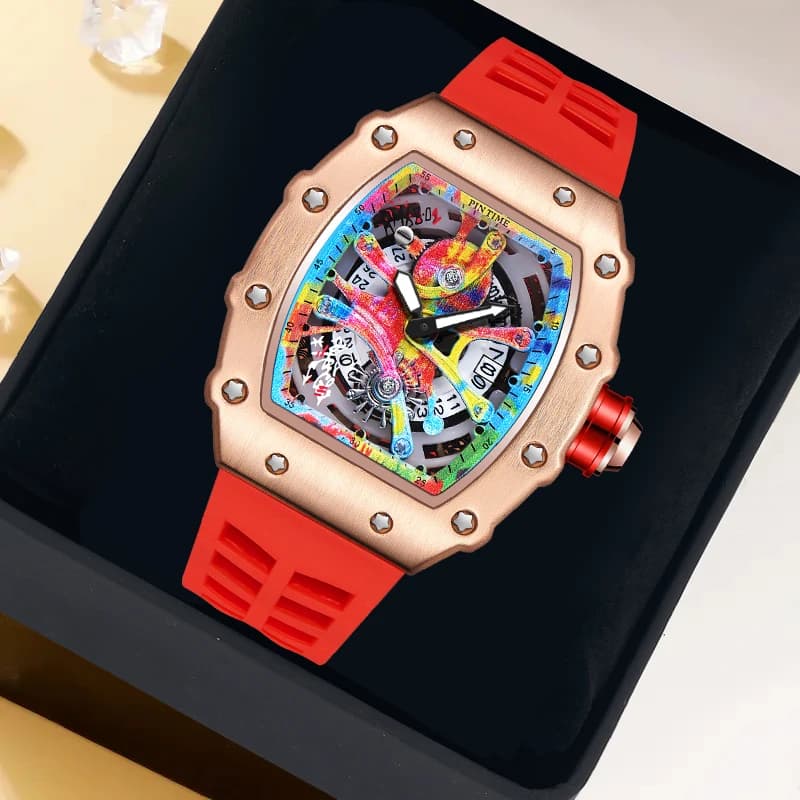 Montre homme luxe quartz étanche PINTIME cadran graffiti tonneau pour sport et pêche plaisance