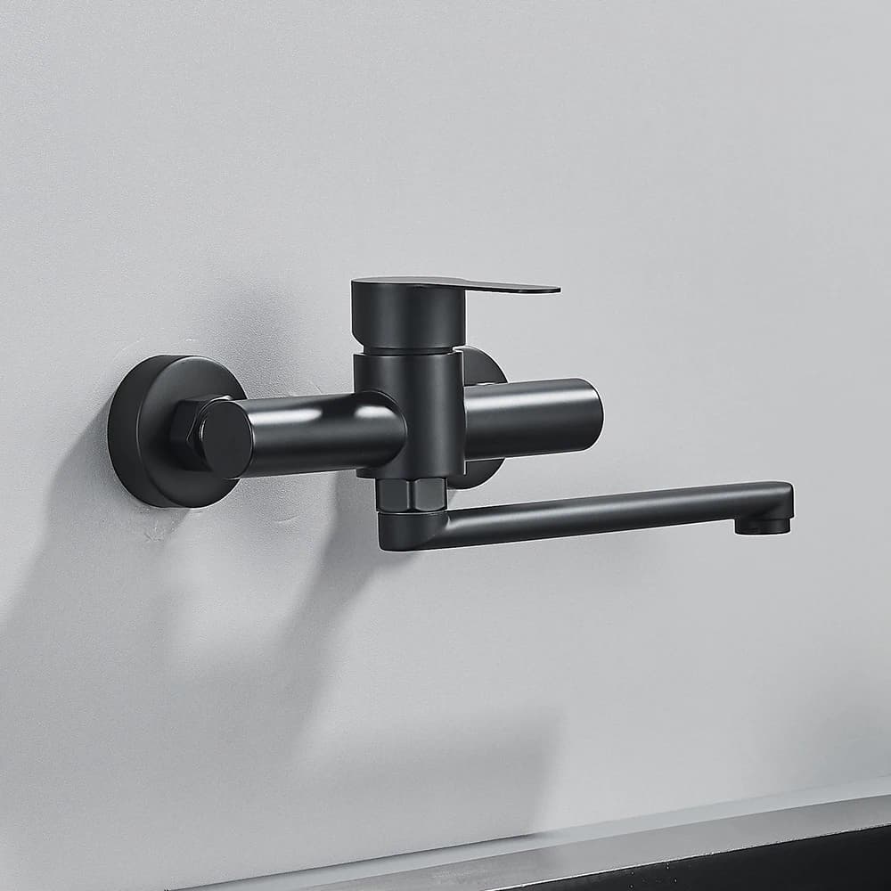 Robinet de cuisine mural noir 360° rotation bec unique mitigeur nickel brossé eau chaude froide pêche