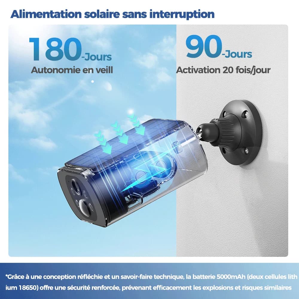 Caméra solaire extérieure ALEVIO 2.5K WiFi - Détection IA PIR - Vision nocturne couleur - Autonomie longue