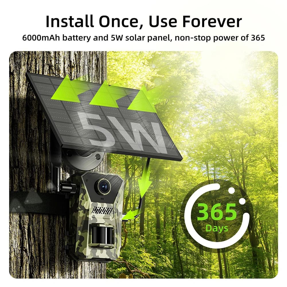 Caméra de chasse solaire 4G 14MP étanche détection PIR 20m vision nocturne infrarouge traçage faune
