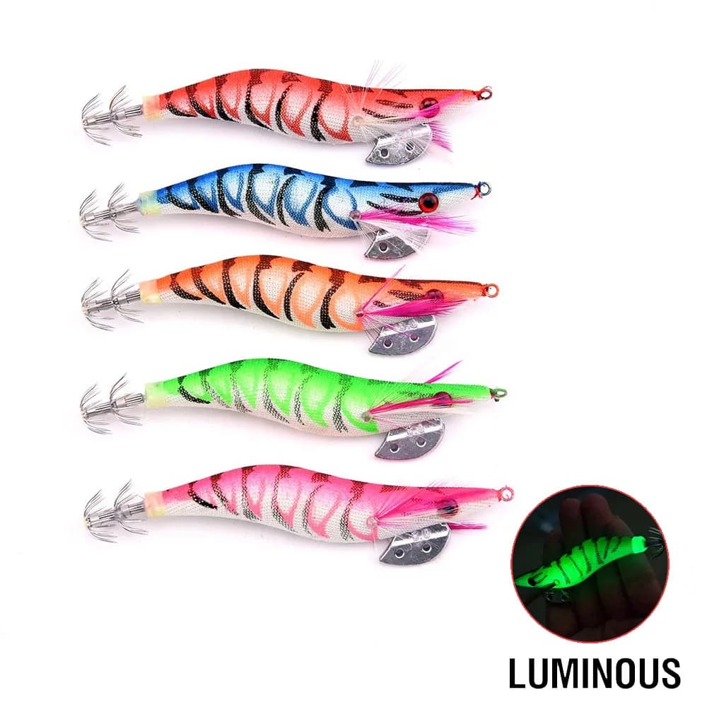 5 leurres pêche crevette bois lumineux yeux 3D wobbleur dur appât calmar octopus