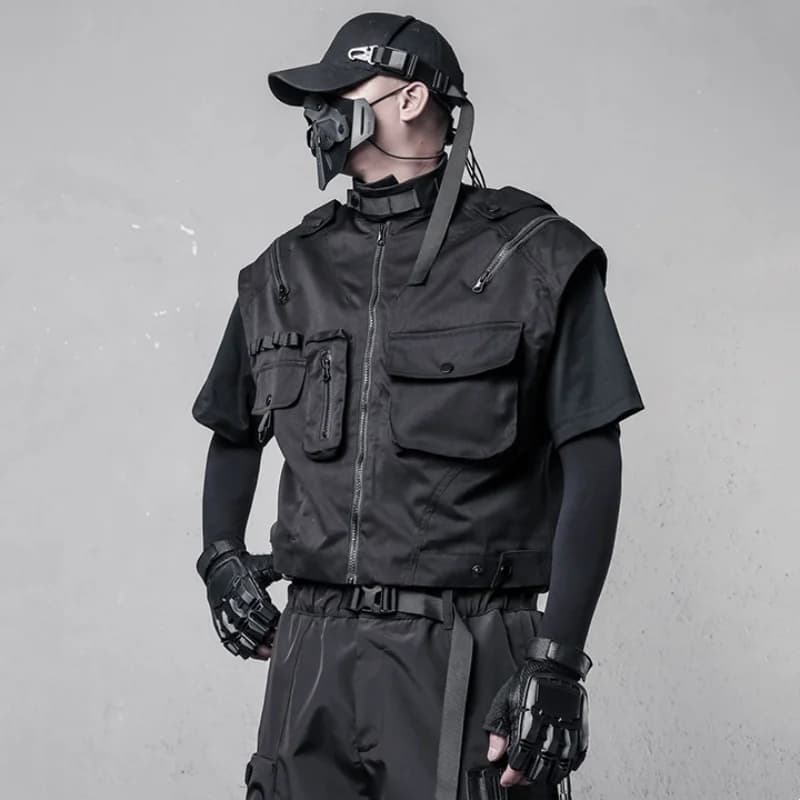 Gilet cargo homme sans manches style techwear tactical, multi-poches avec fermeture éclair et col montant