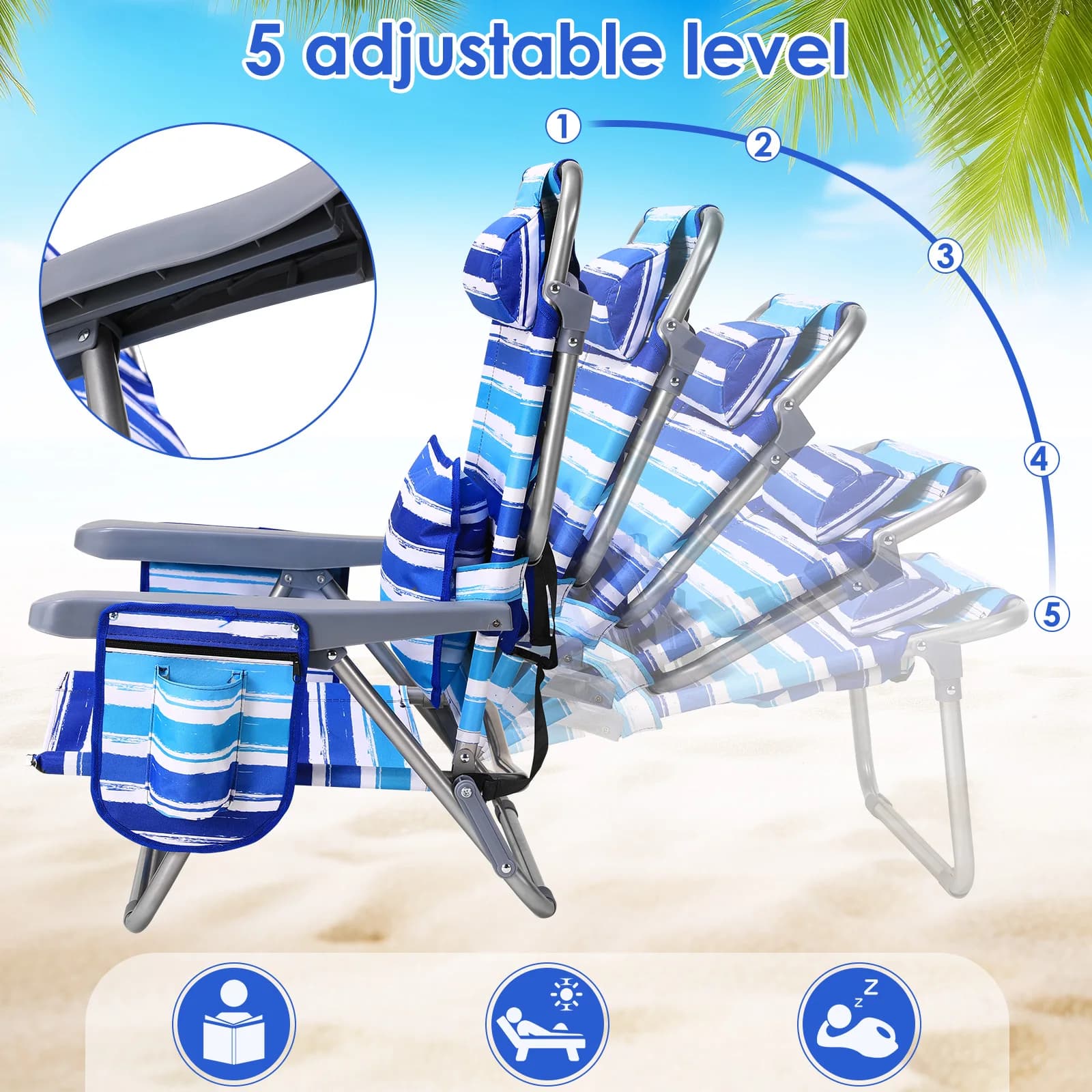 Fauteuil plage pliant 5 positions aluminium léger pêche sable bas porte-gobelet