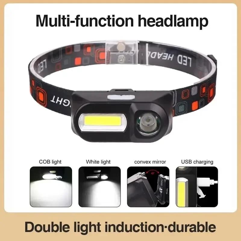 Lampe frontale COB multifonction rechargeable USB pour pêche de nuit et activités outdoor