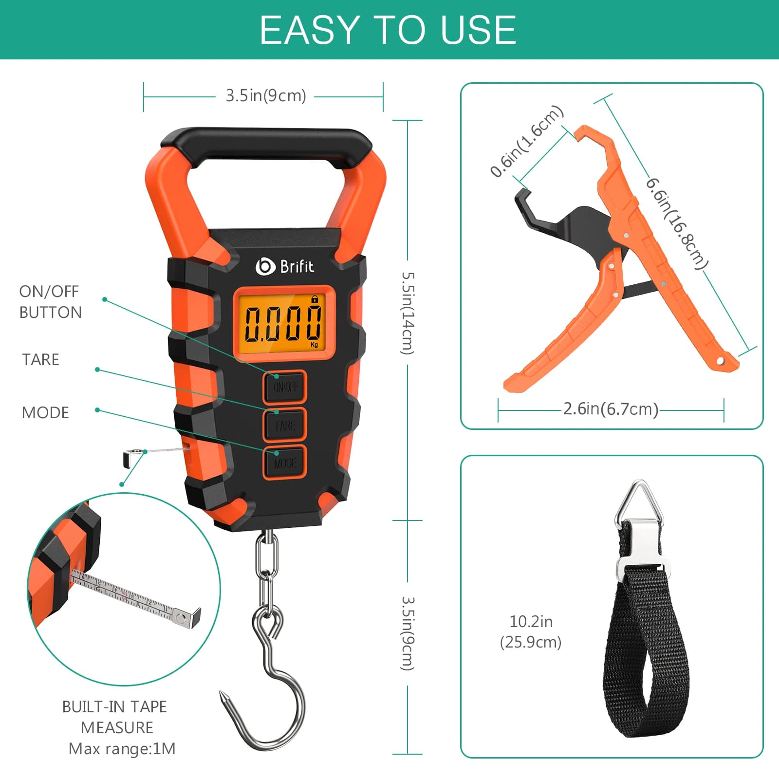 Balance digitale 50kg/10g étanche avec pince - Règle intégrée pour mesurer et peser poissons précisément