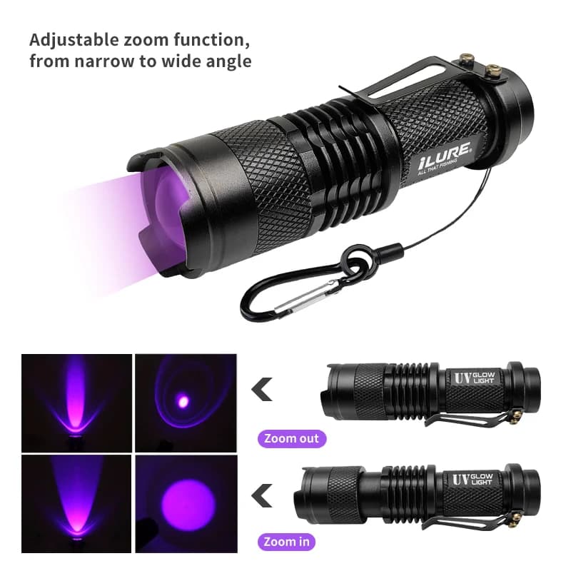 Lampe UV torche LED 395nm pour pêche leurres et calamars - éclairage zoomable et portable