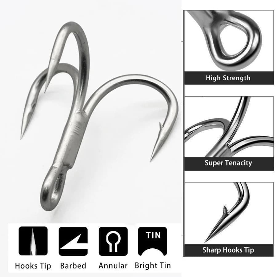 Lot de 10 hameçons triples 4X pour gros poissons : truite, saumon, chinchard, thazard (tailles 8 à 3/0)