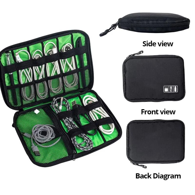 Organisateur électronique portable noir et vert - Étui étanche pour câbles USB et chargeurs de voyage