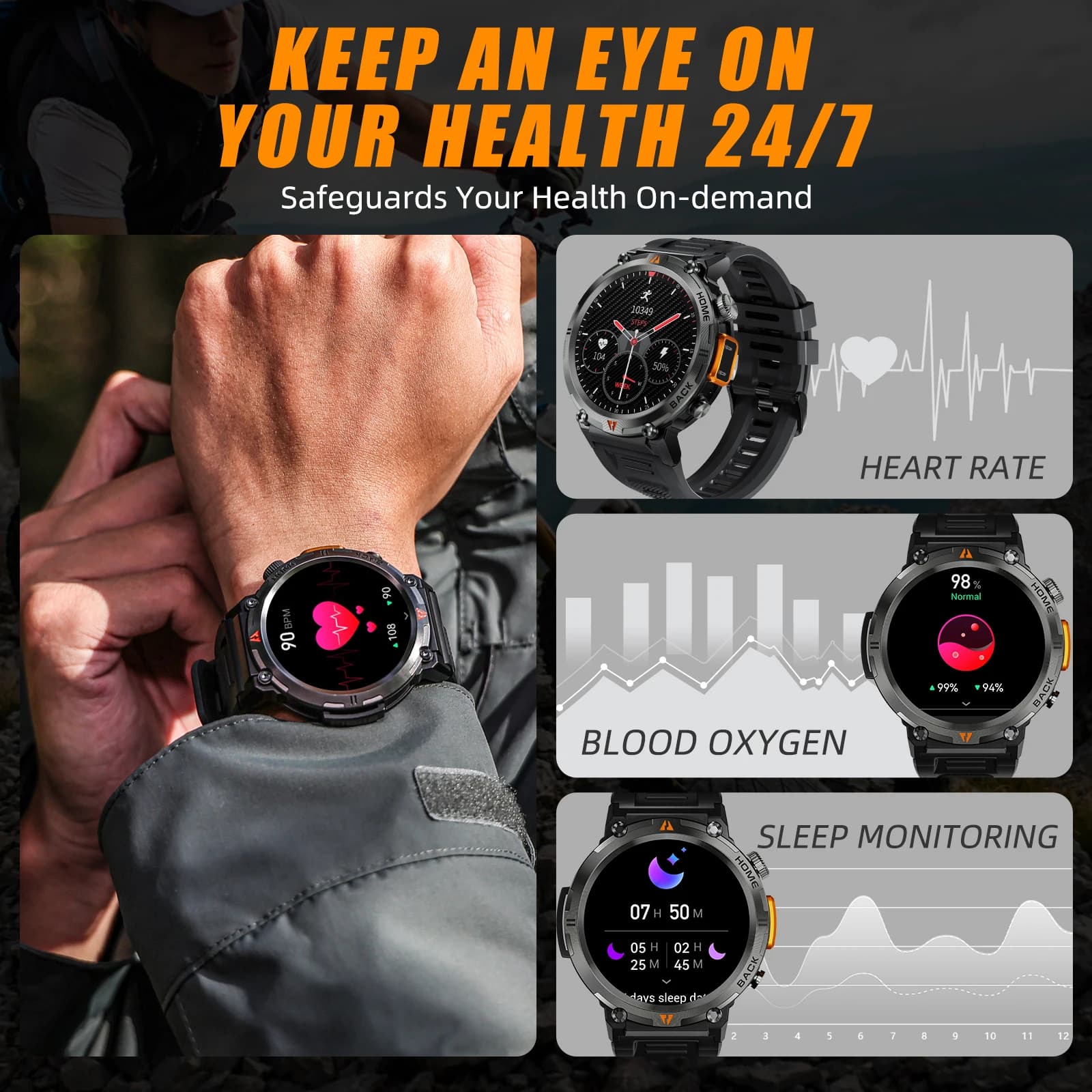 Smartwatch EIGIIS 2024 homme monitoring santé étanche multi sports appels Bluetooth écran tactile lampe