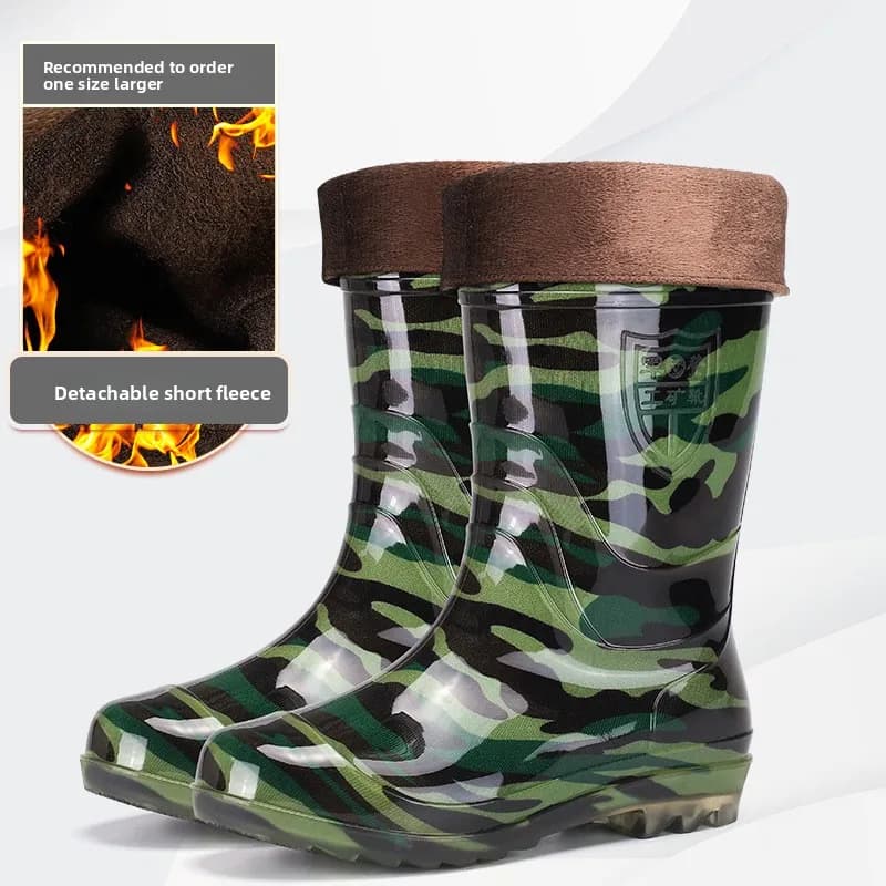 Bottes de pluie camouflage mi-mollet homme - Chaussures travail extérieur antidérapantes chaudes
