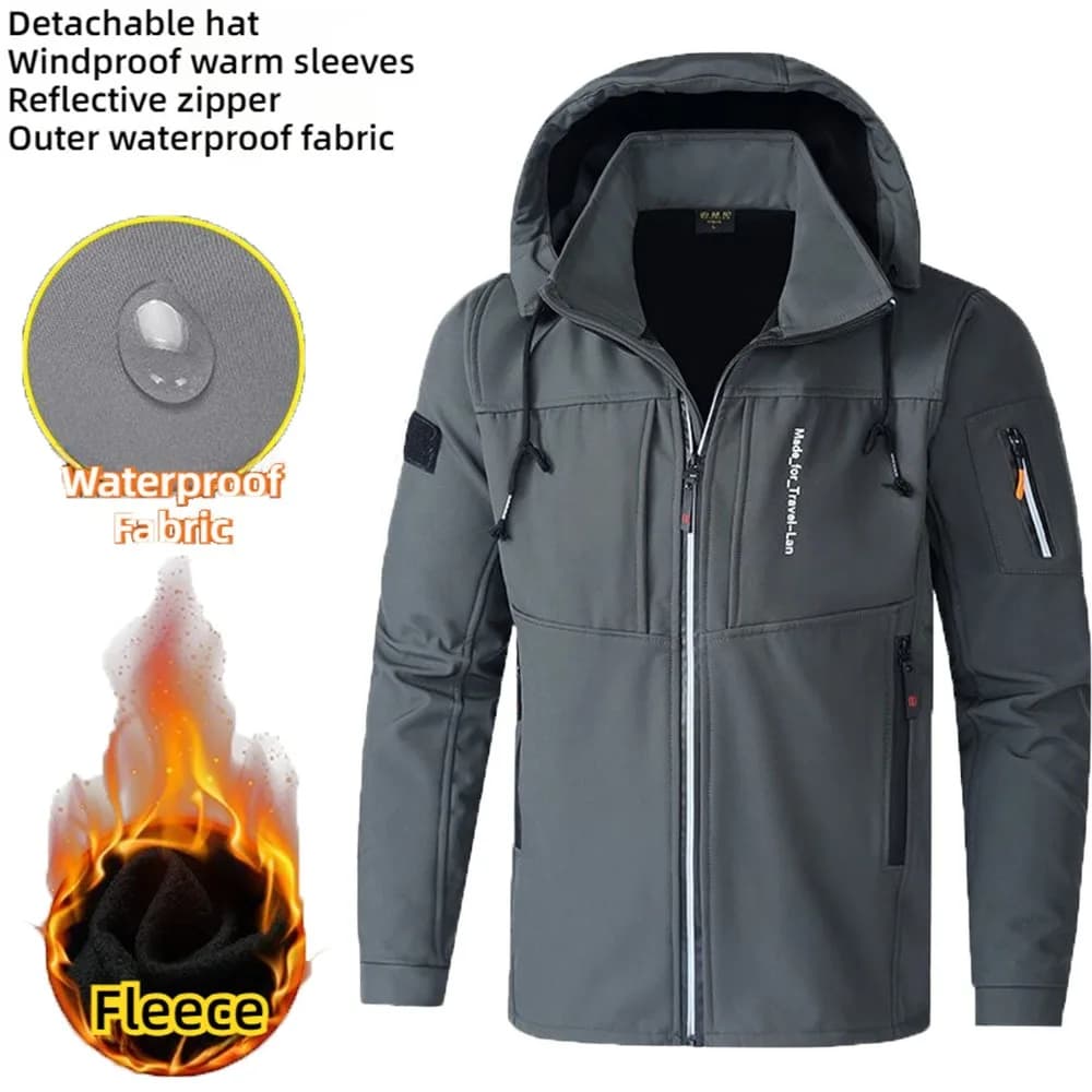 Veste imperméable homme hiver doublée polaire déperlante avec capuche amovible pour pêche