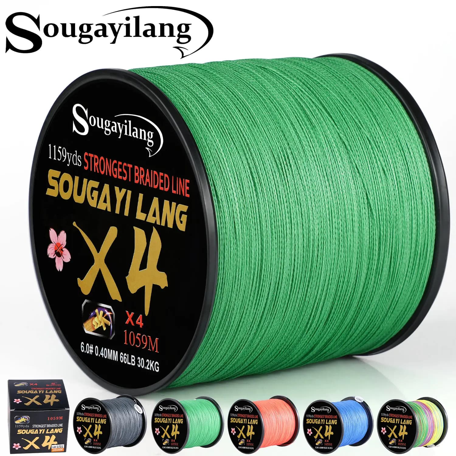 Ligne de pêche mer salée Sougayilang PE Multifilament 66LB MaxDrag, 4 brins, 100 à 300m, 5 couleurs