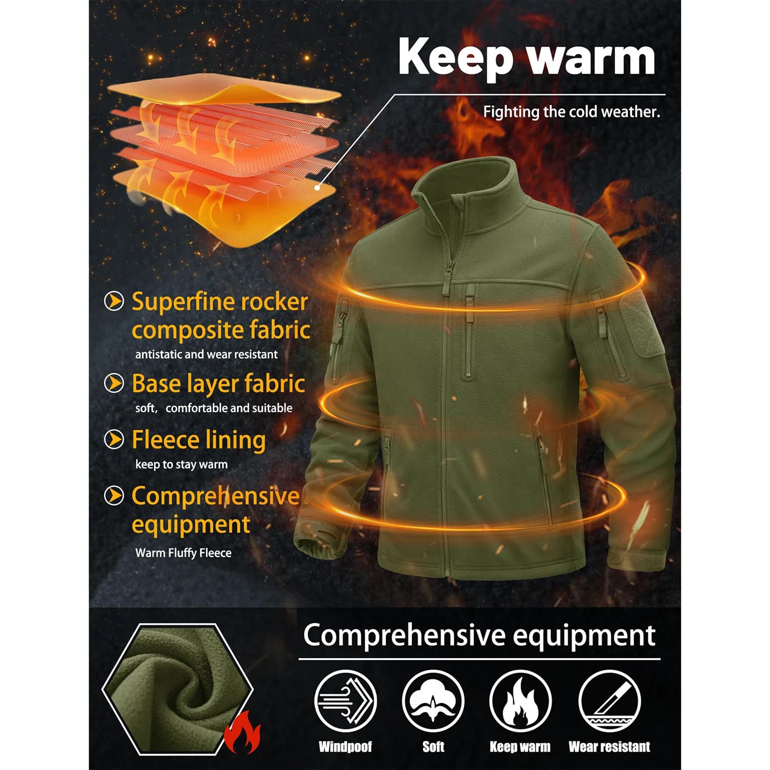 Veste polaire TACVASEN verte chaude travail pêche avec fermeture complète et poches zippées