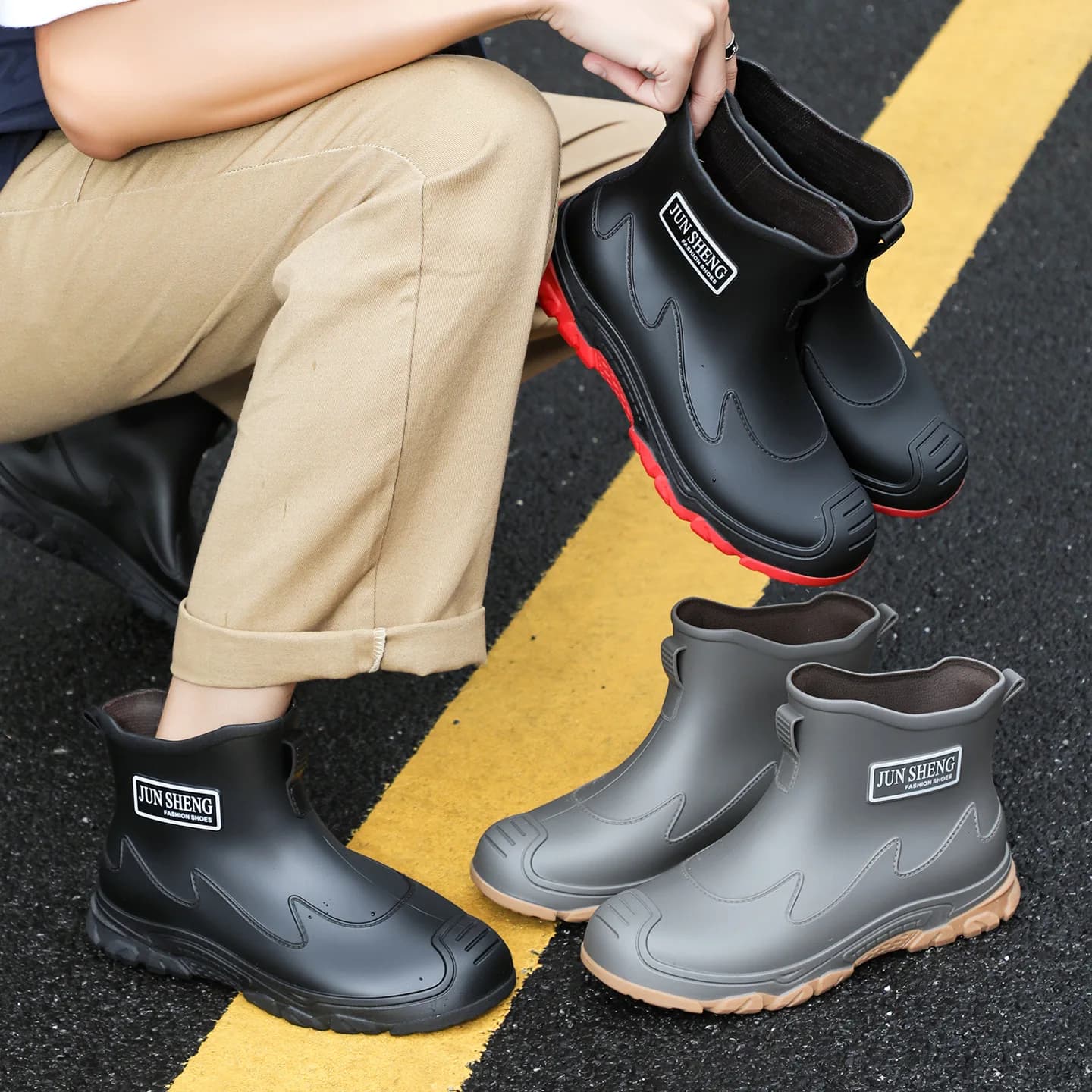 Bottes de pluie homme style coréen grises imperméables anti-dérapantes pour trajet travail voyage quotidien