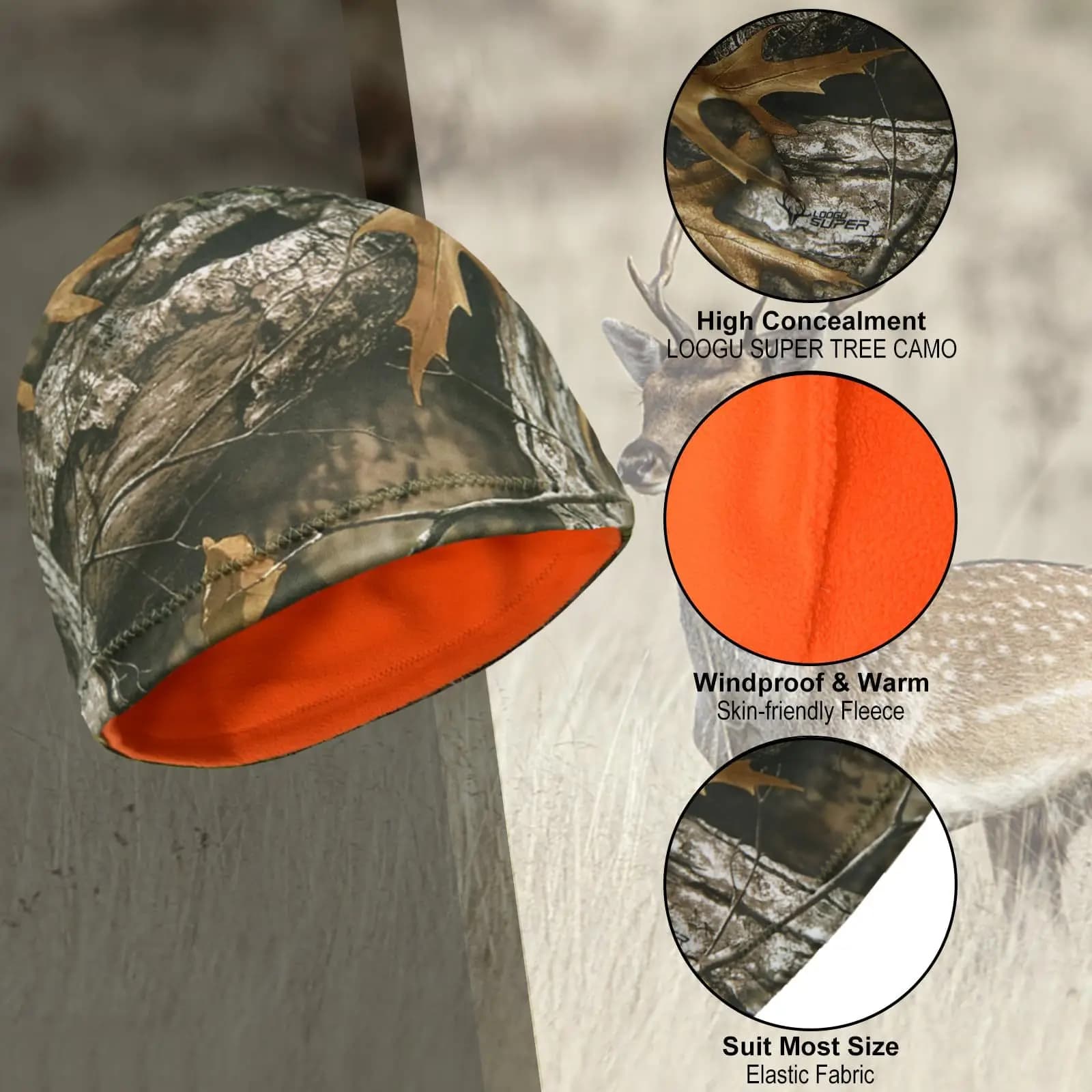 Bonnet double face camouflage arboricole - Protection thermique pour pêche hivernale et ventée