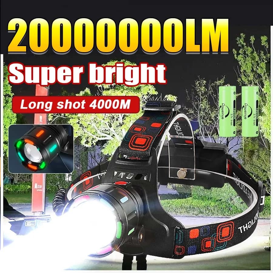 Frontale LED ultra-puissante 20 millions lumens longue portée 4000m rechargeable pour pêche grand large