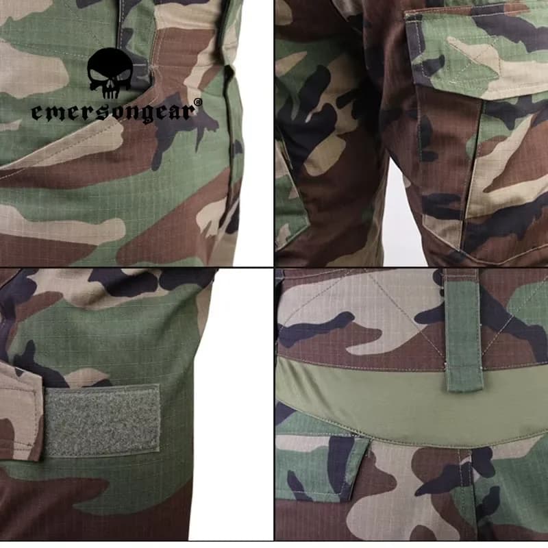 Uniforme de combat Emerson pour airsoft et pêche avec genouillères et camouflage ghillie intégré