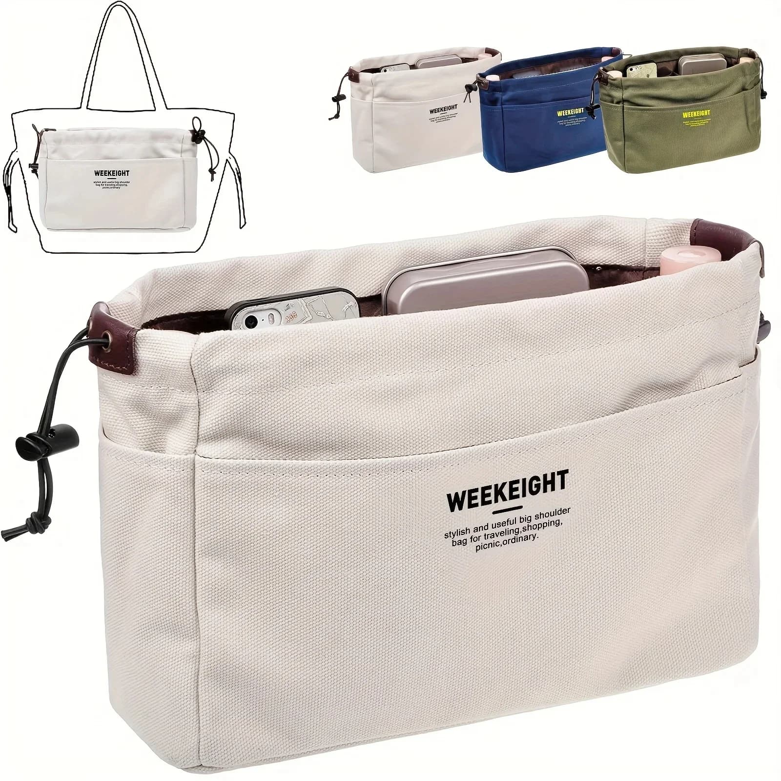 Sac de rangement toile pêche avec cordon - Organisateur léger multi-poches pour accessoires pêche