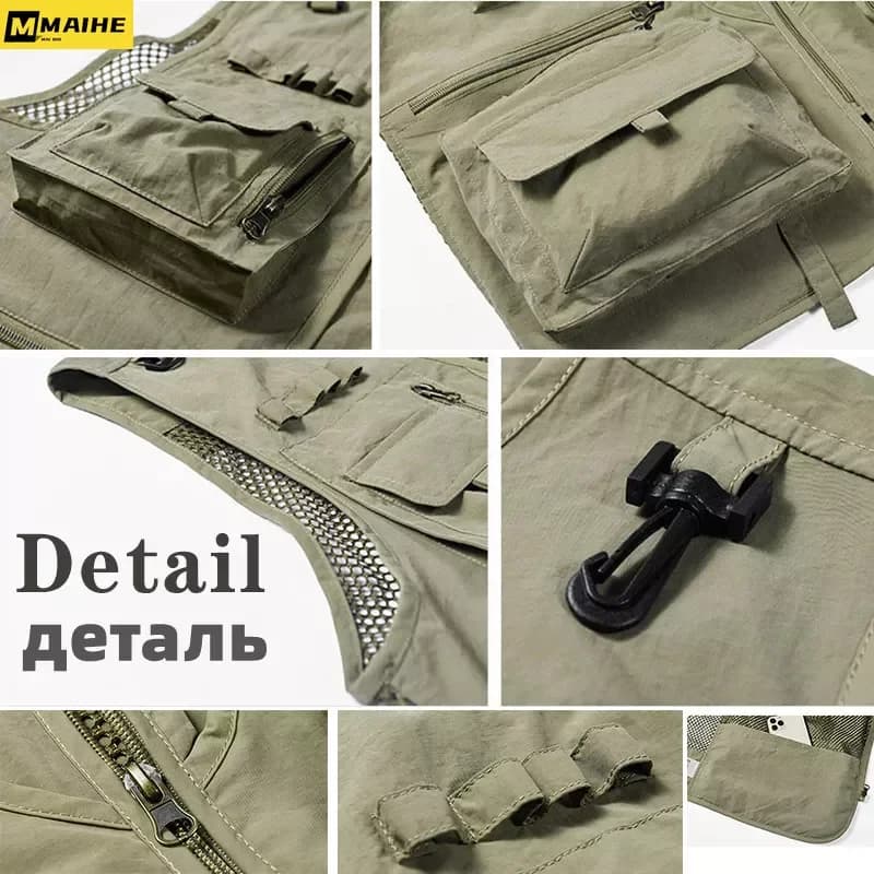 Veste sans manches pêche et randonnée été homme 14 poches mesh cargo tactique