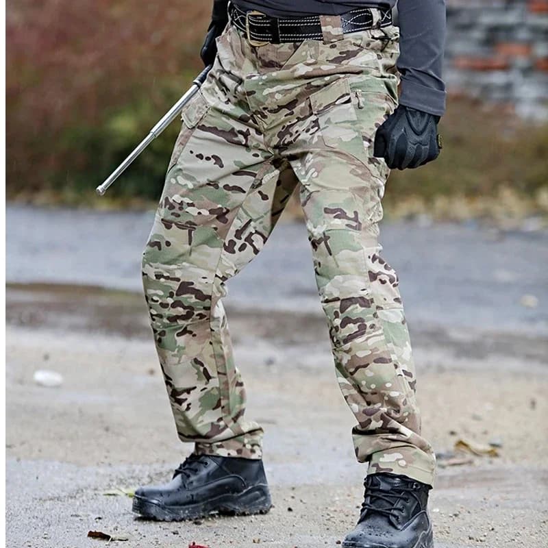 Pantalon cargo camouflage noir homme - Multi-poches séchage rapide pêche randonnée