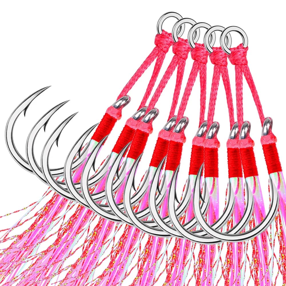 Hameçons assistés doubles barbelés 5 paires avec plumes roses pour pêche au jig accessoires