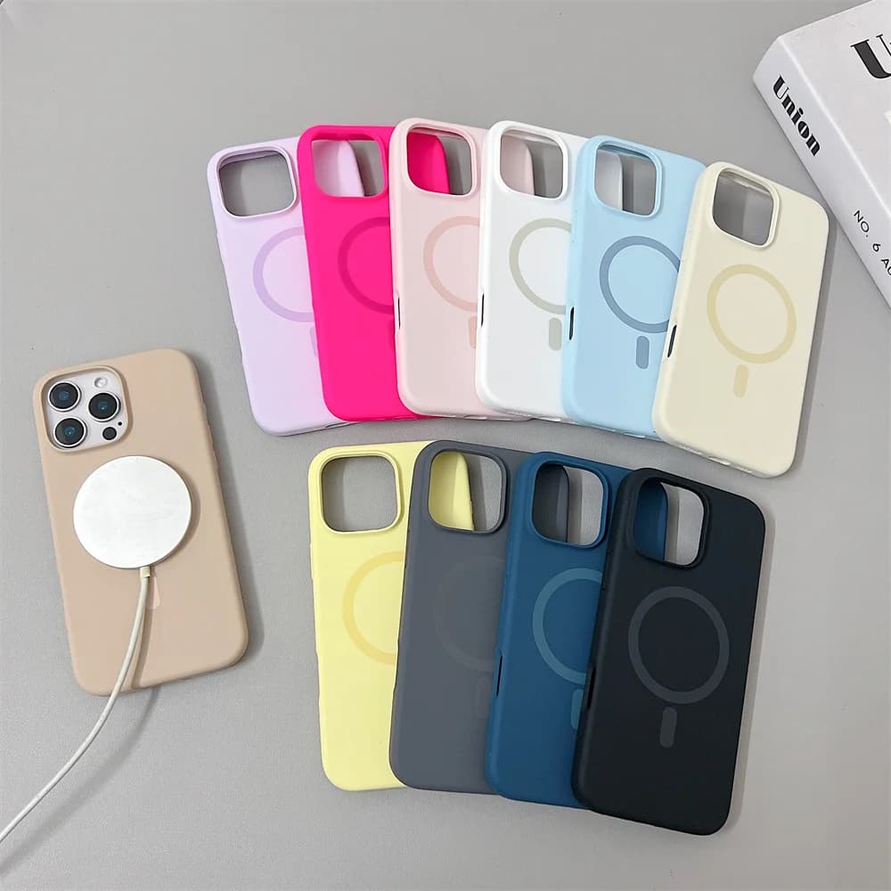 Coque silicone originale iPhone 16 15 14 13 12 Pro Max - Compatible MagSafe et charge sans fil magnétique