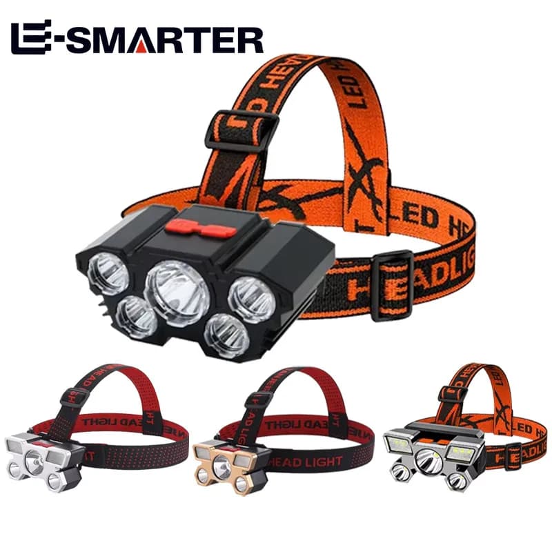 Lampe frontale USB rechargeable 5 LED super lumineuse pour pêche nocturne et camping