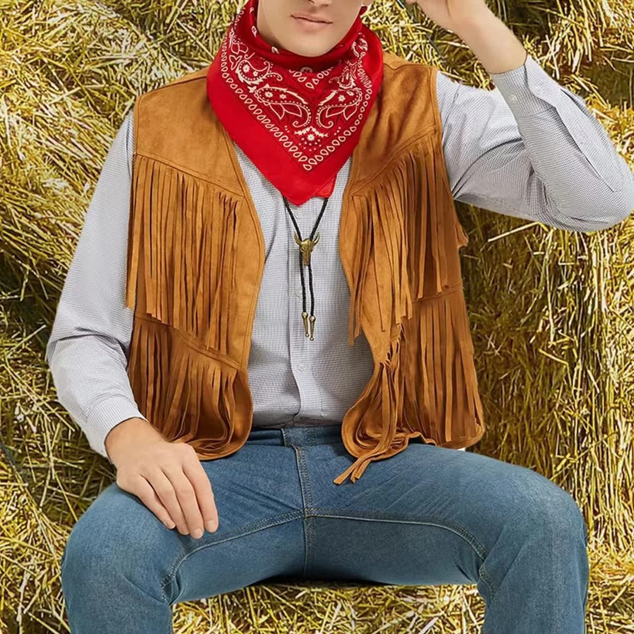 Veste frangée sans manches homme style cowboy western en suédine pour pêche couche aérée sans boutons