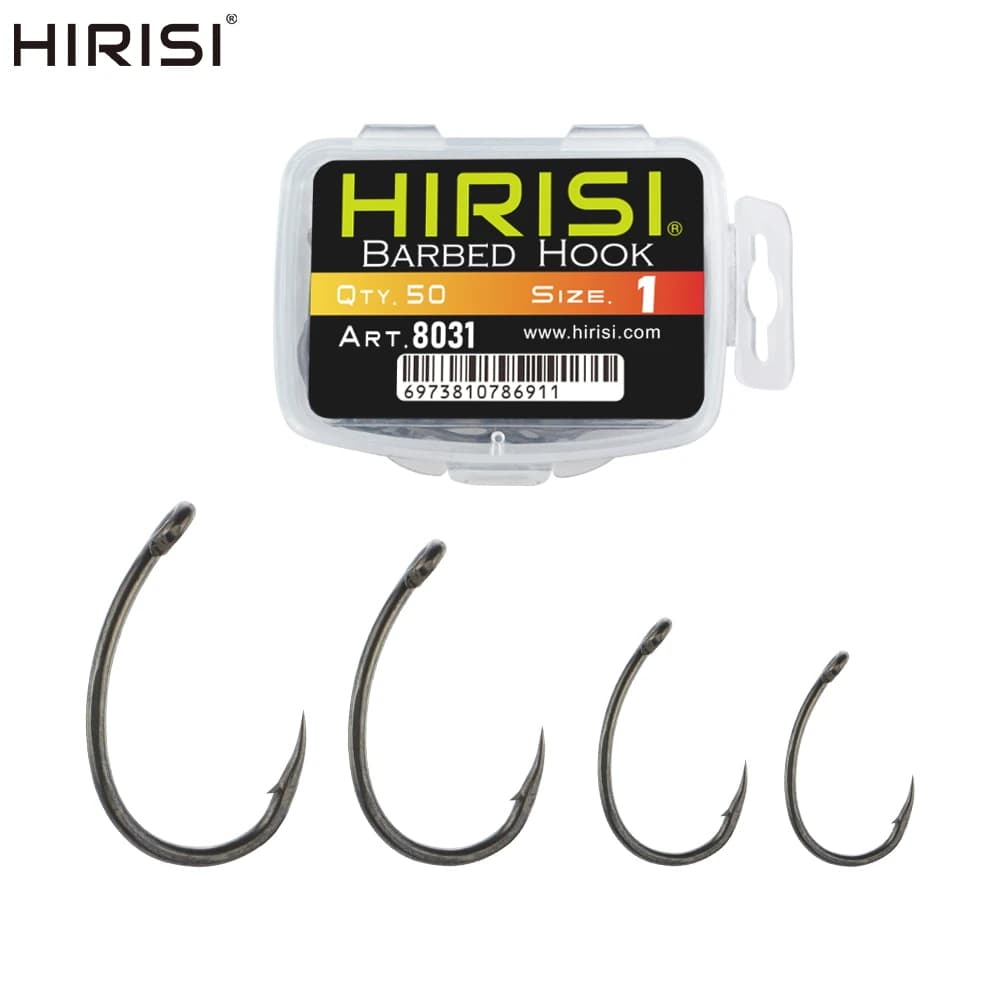 Hameçons de pêche Hirisi 50 pièces acier inoxydable carbone haute résistance avec œil et barbelés PTFE 8031