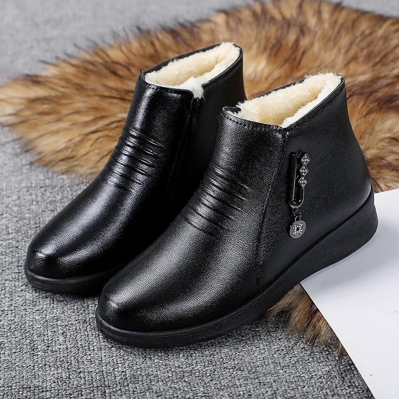 Bottes cuir 2024 semelle plate douce - Chaussures femme laine chaude pêche hiver antidérapantes