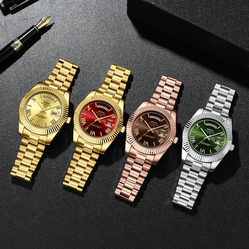 Montre homme luxe NIBOSI acier inoxydable étanche quartz rouge doré cadran numérique date semaine