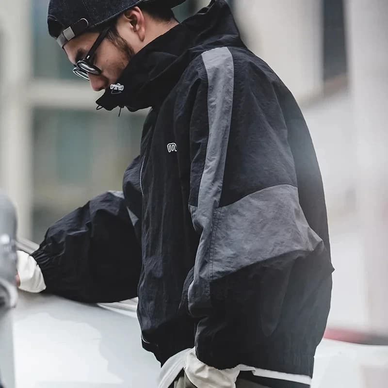 Veste patchwork à double zip détachable pour hommes - Col montant coupe loose printemps automne décontractée